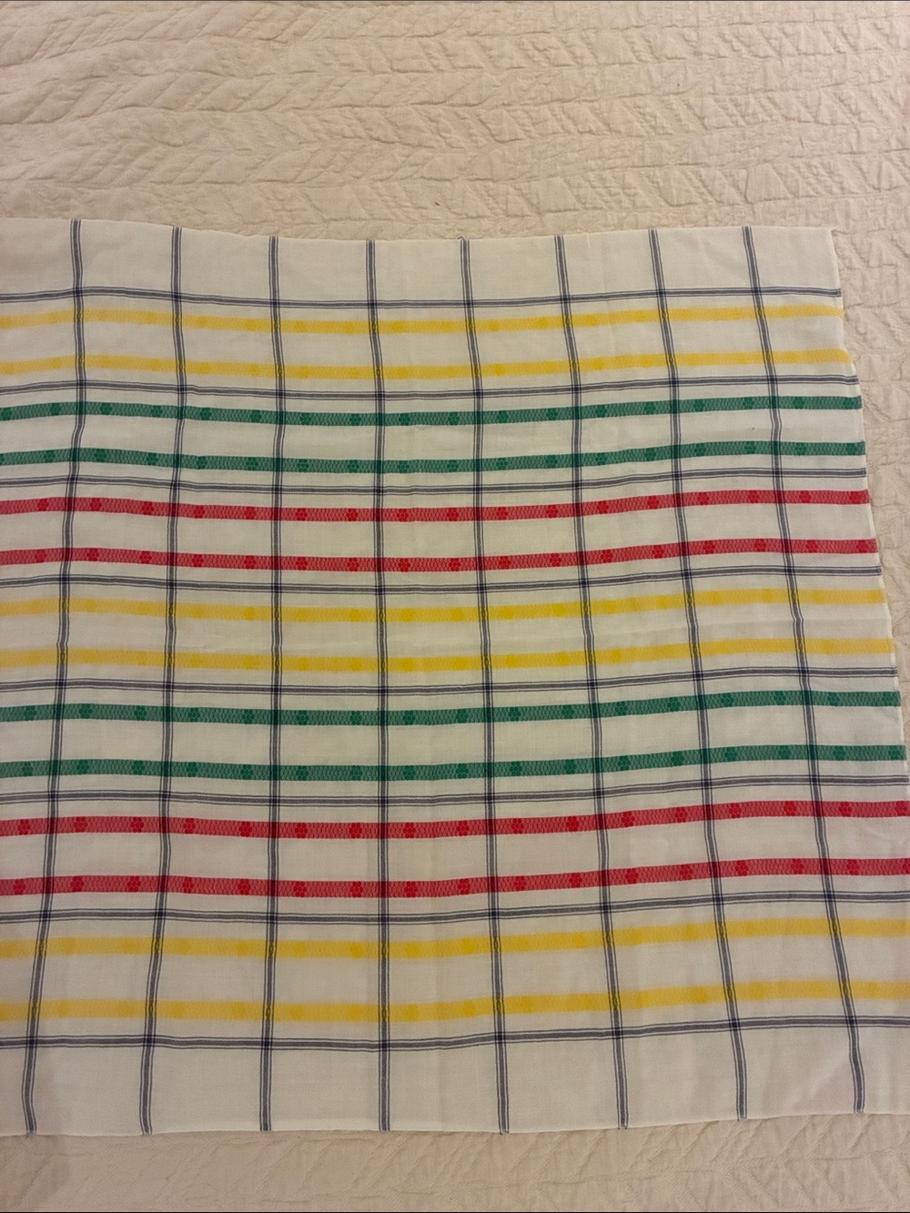 Echo White 100% Cotton Plaid Scarf with Yellow, Green & Red Stripes